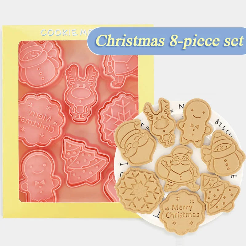 8Pcs 3D Christmas Cookie Cutters Biscuit Mold Santa Snowman Tree Elk Cookie Mould Stamp Xmas New Year Party Decor Baking Tools B