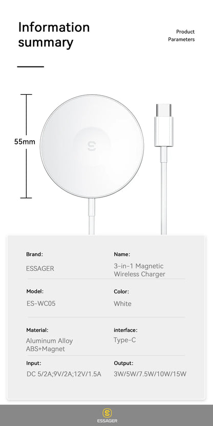 Essager15W Fast Wireless Charger Stand For iPhone 14 13 12 11Apple Watch 3 in 1 Foldable Charging Station for Airpods Pro IWatch