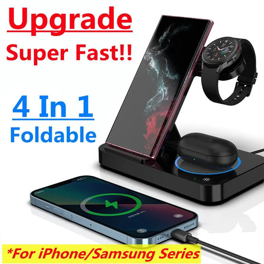 4 In 1 Wireless Charger Stand Pad For iPhone 15 14 13 12 Samsung S23 S22 Galaxy Watch 5 4 Active Buds Fast Charging Dock Station