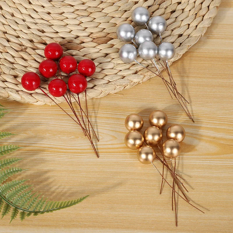 100pcs Artificial Berries Gold Silver Red Cherry Stamen Mini Fake Flowers Pearl Beads for DIY Christmas Party Craft Decoration