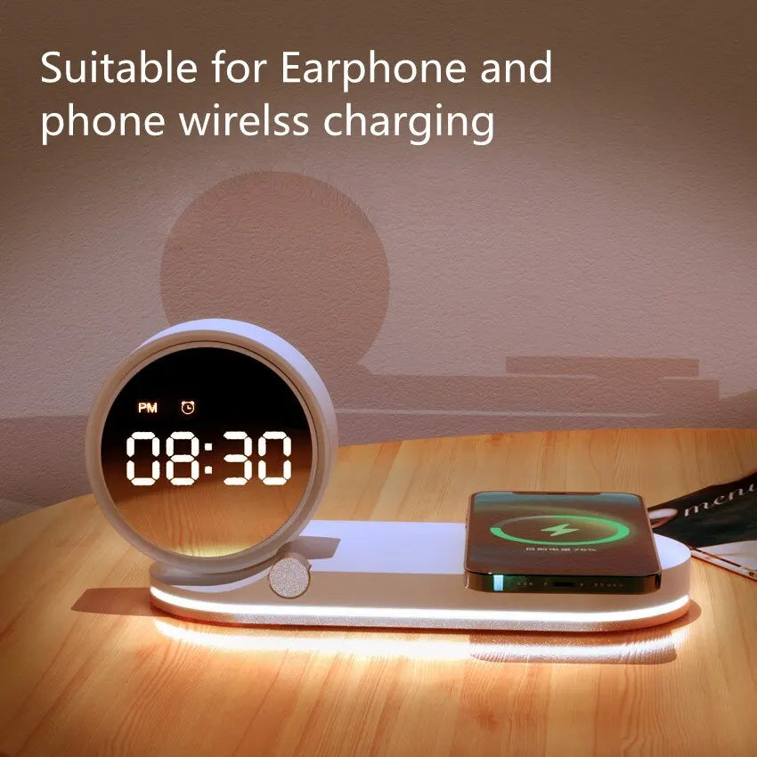 Multifunction Wireless Charger Pad Stand Alarm Clock LED Desk Lamp Night Light 15W Fast Charging Station Dock for iPhone Samsung