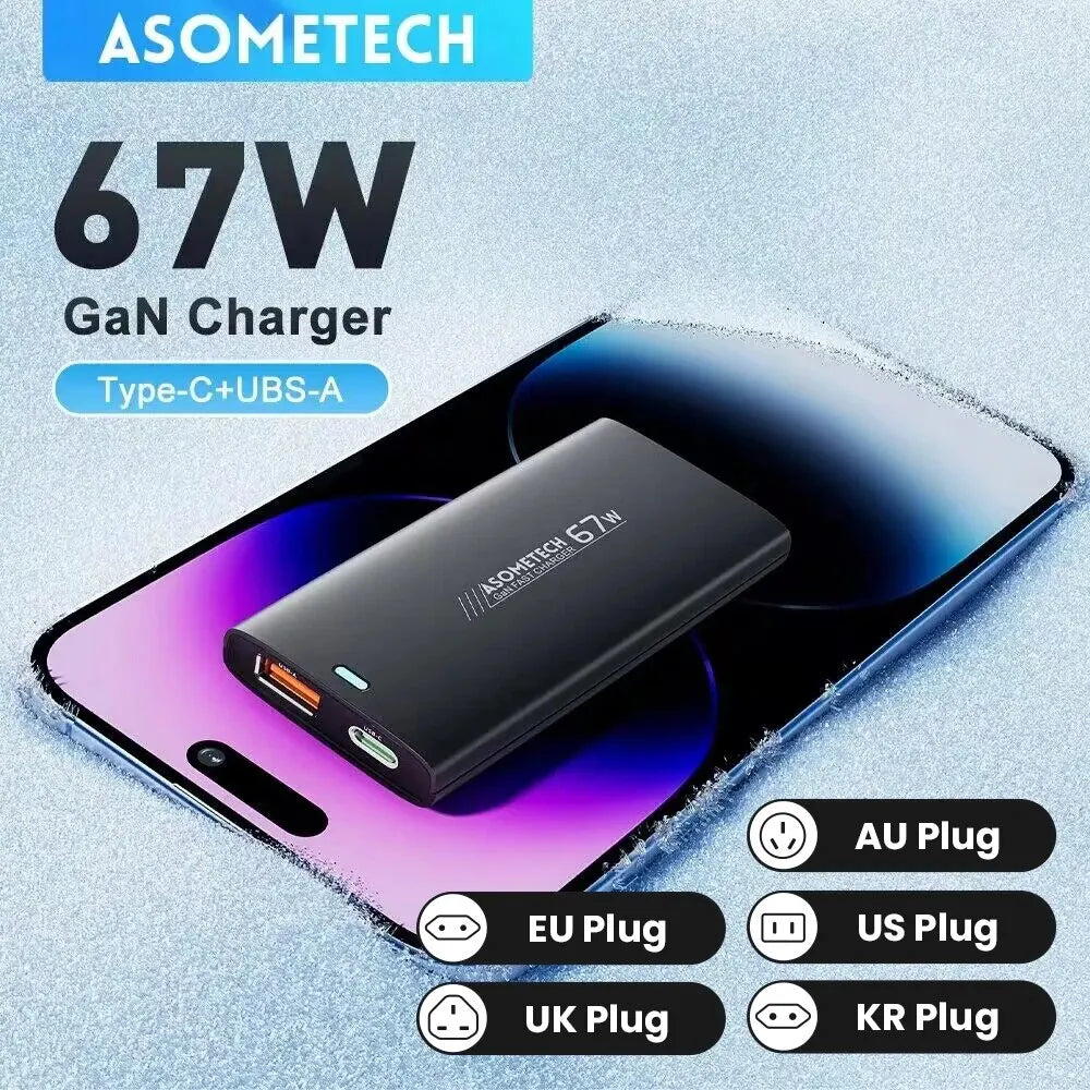 ASOMETECH 67W GaN Charger Ultra Thin Quick Charge QC3.0 PD PPS Mini USB Type C Charger For Macbook Laptop iPhone 14 iPad Samsung