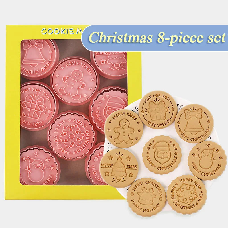 8Pcs 3D Christmas Cookie Cutters Biscuit Mold Santa Snowman Tree Elk Cookie Mould Stamp Xmas New Year Party Decor Baking Tools E