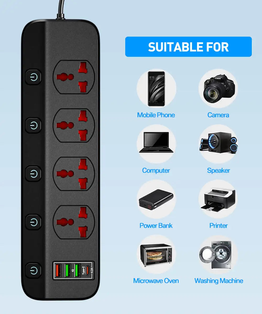 2500W Power Strip Overload Protection With 4 Universal Socket 5 Swich 4 USB Charging Ports USB C Charger 1.97M Extension Cable