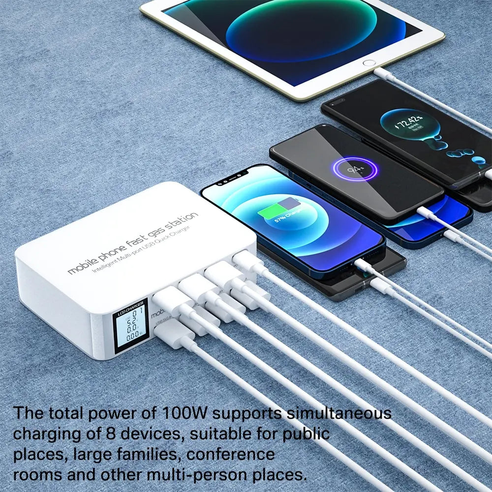 100W USB Charging Station With 3 QC3.0 Quick Charge USB Port 20W PD USB Type C Port LCD Display Fast Charger For iPhone Xiaomi