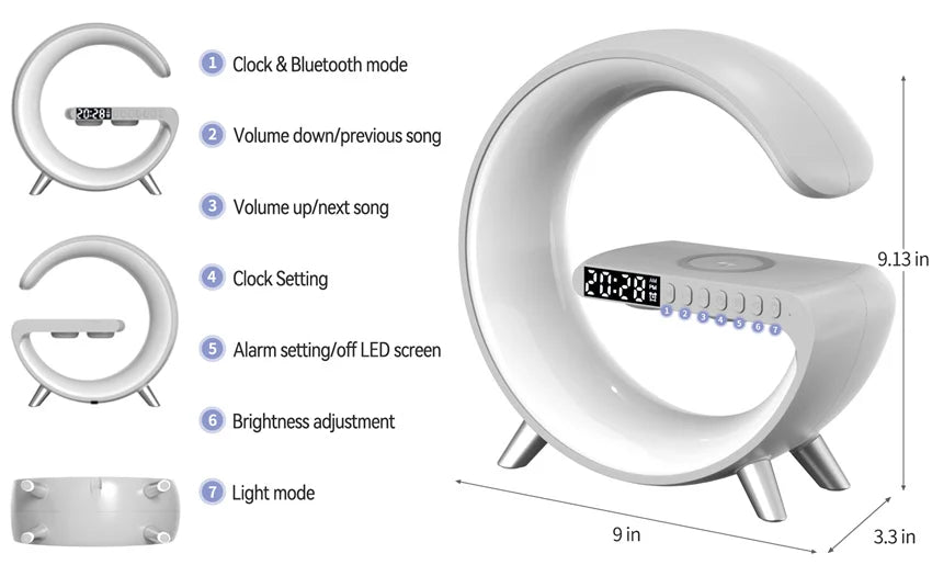 Multifunctional Wireless Charger Stand Alarm Clock Speaker APP RGB Light Fast Charging Station for iPhone X 11 12 13 14 Samsung