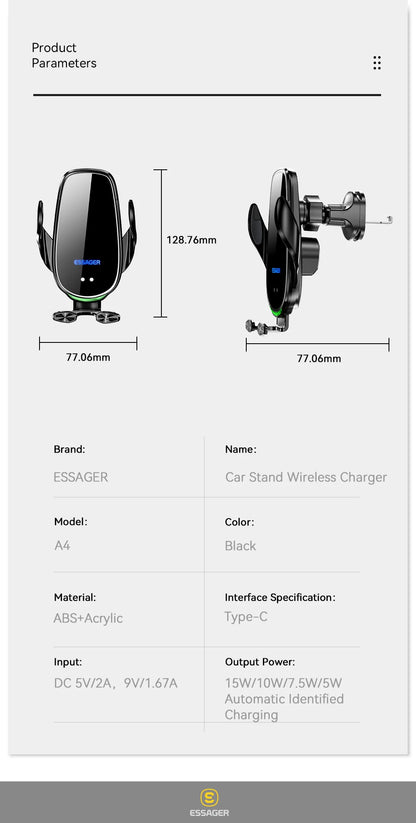 Essager 15W Car Wireless Charger Air Vent Mount For iPhone 14 13 12 Smart Wireless Charger Stand For Xiaomi Huawei Fast Charging