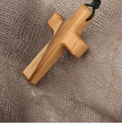 Olive Wood Pendant Long Adjustable Black Leather Rope Necklace Cross-shape Pendant Christian Gifts for Men and Women