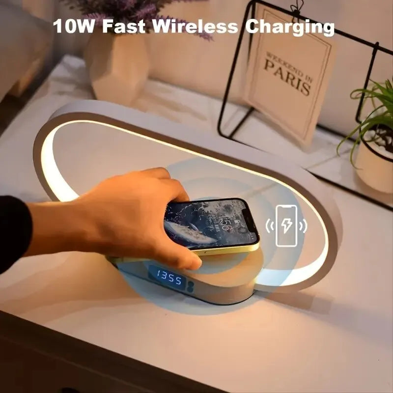 Multifunction Wireless Charger Pad Stand Clock LED Desk Lamp Night Light USB Port Fast Charging Station Dock for iPhone Samsung