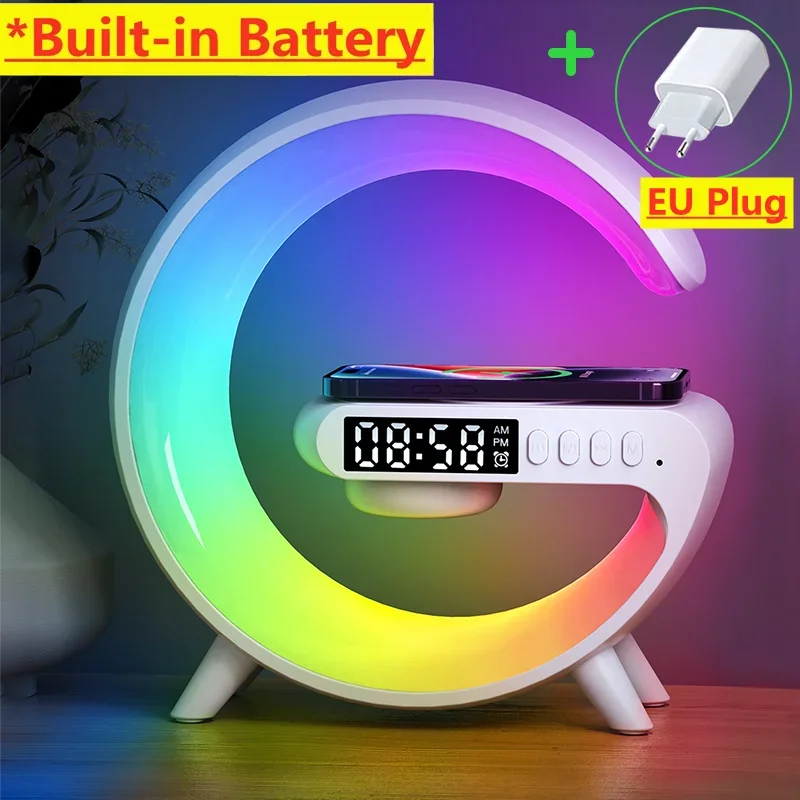 Mini Multifunction Wireless Charger Pad Stand Speaker TF RGB Night Light Fast Charging Station for iPhone Samsung Xiaomi Huawei White with EU Plug