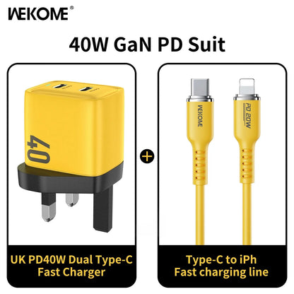 WEKOME GaN 40W/67W/100W Type C Charger Portable USB Charger Adapter QC4.0 PD PPS Fast Charging for iPhone Samsung Xiaomi Macbook UK charger PD Cable Yellow