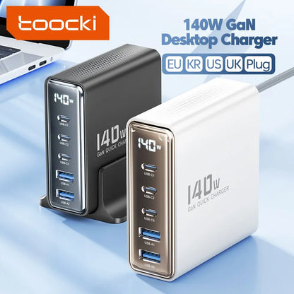 Toocki 140W GaN USB Charger 5in1 Desktop Fast Charge USB Type C Charger LED Display Charger For iPhone Xiaomi Smartphone Laptop