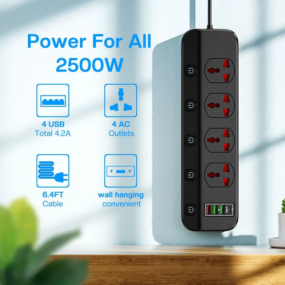 2500W Power Strip Overload Protection With 4 Universal Socket 5 Swich 4 USB Charging Ports USB C Charger 1.97M Extension Cable