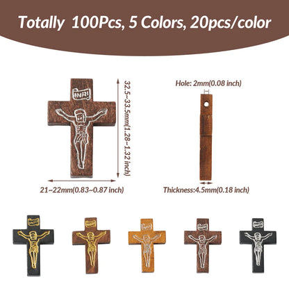 100Pcs Wooden Cross Pendants Printed Wood Charms For Easter Jewelry Bracelet Necklace Making Findings Mxied Color