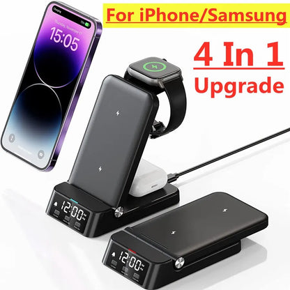 15W 4 In 1 Wireless Charger Stand For iPhone 15 14 13 12 X Samsung Galaxy S22 S21 Apple Watch Airpods Fast Charging Dock Station