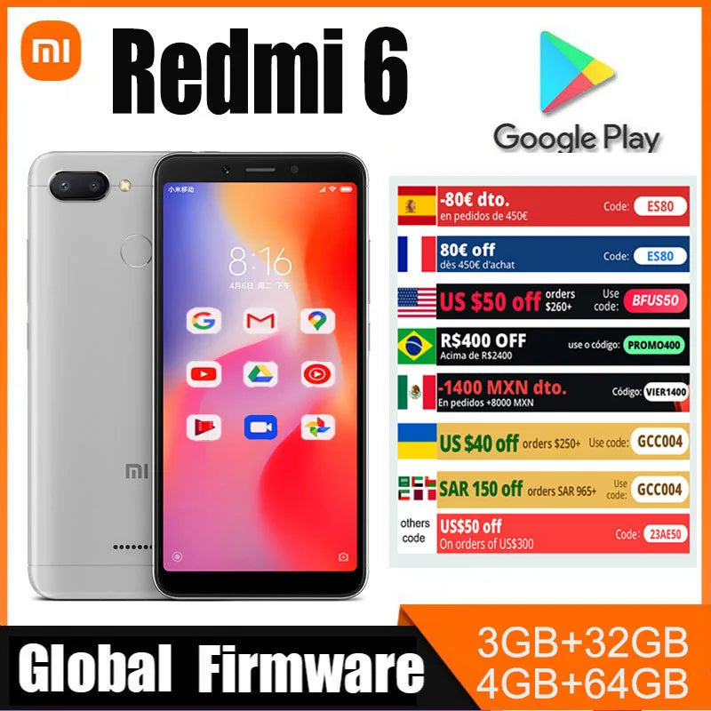 Xiaomi Redmi 6 Smartphone googleplay Mobile Phone 5.45" Full Screen AI Face ing