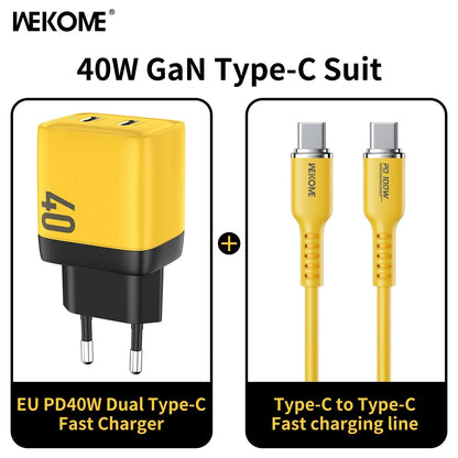 WEKOME GaN 40W/67W/100W Type C Charger Portable USB Charger Adapter QC4.0 PD PPS Fast Charging for iPhone Samsung Xiaomi Macbook EU charger C- C Cable Yellow