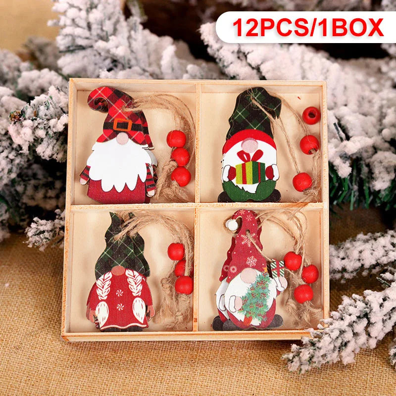 Wooden Christmas Pendant Merry Christmas Decoration for Home 2023 Navidad Xmas Tree Hanging Ornaments Kids Gifts New Year 2024 12pcs-J