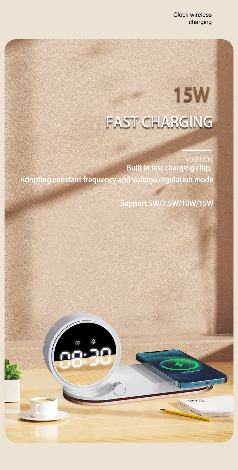 Multifunction Wireless Charger Pad Stand Alarm Clock LED Desk Lamp Night Light 15W Fast Charging Station Dock for iPhone Samsung