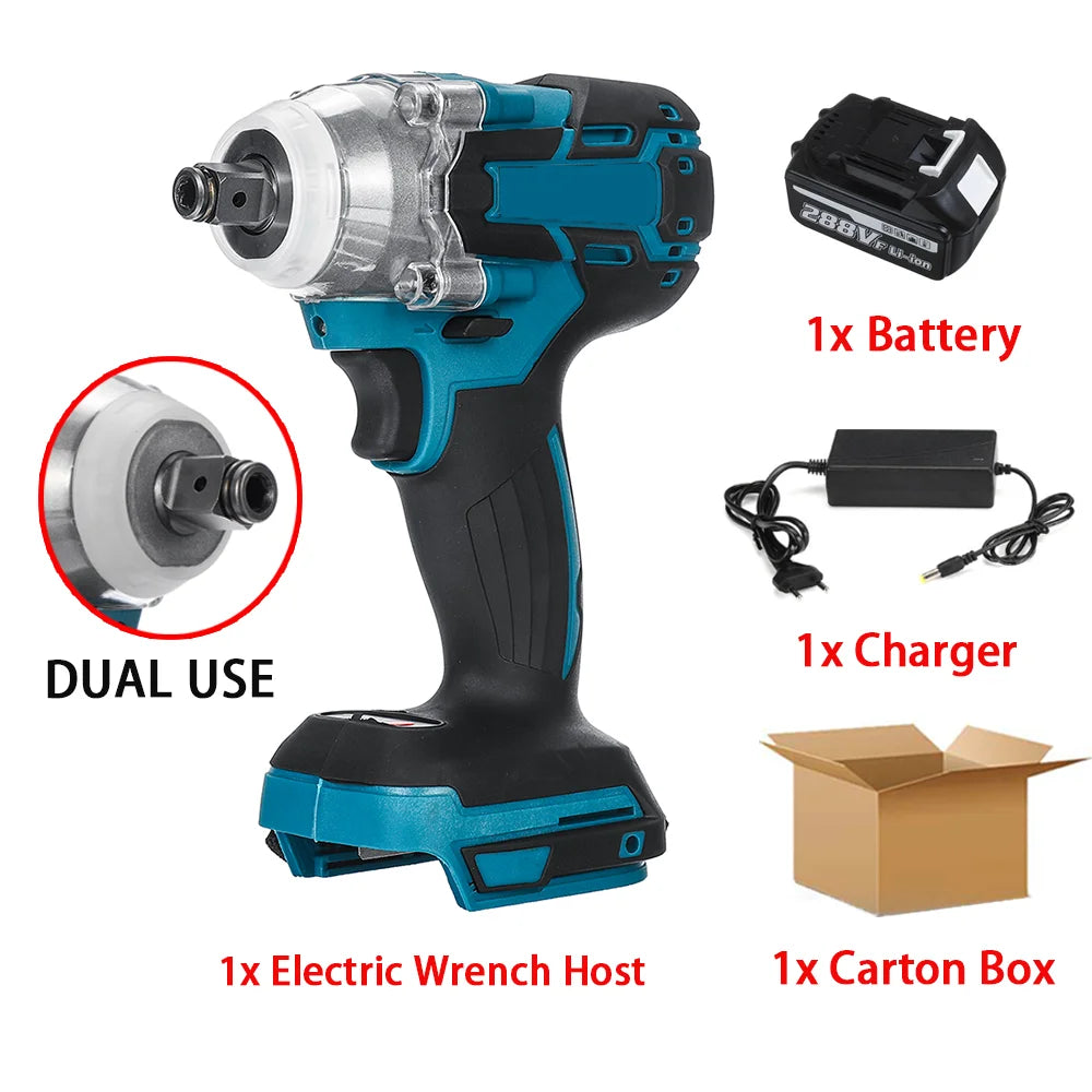 Brushless Electric Impact Wrench 520N.M 1/2" Cordless Battery Screwdriver Rechargeable Wrench Power Tool for Makita 18V Battery 1x Battery Set CHINA