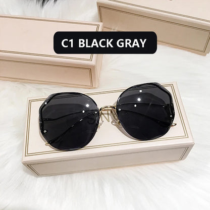 2023 Fashion Tea Gradient Sunglasses Women Ocean Water Cut Trimmed Lens Metal Curved Temples Sun Glasses Female UV400 C1 Adult