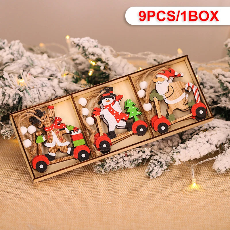 Wooden Christmas Pendant Merry Christmas Decoration for Home 2023 Navidad Xmas Tree Hanging Ornaments Kids Gifts New Year 2024 9pcs-C