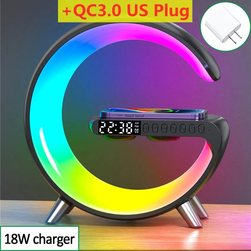 Multifunctional Wireless Charger Stand Alarm Clock Speaker APP RGB Light Fast Charging Station for iPhone X 11 12 13 14 Samsung black with US plug