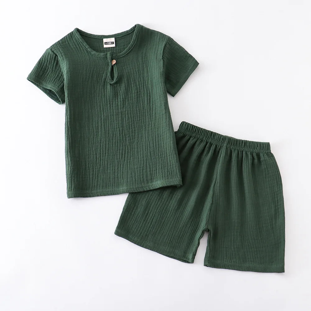 0-5Y Baby Summer Sets Solid Cotton Linen T-shirts+Elasctic Shorts Kids Clothes Casual Clothing Sets for Children Outfit Set Green