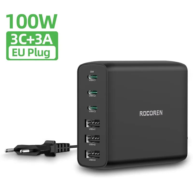Rocoren 100W USB Charger Type C PD Fast Charging Multiple 6 Ports Desktop Charger Station For iPhone 14 13 Pro Xiaomi POCO EU Plug