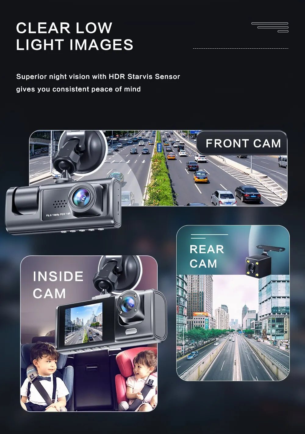 Dash Cam W/ IR Night Vision Loop Recording & 2" IPS Screen 1080P 3 Camera