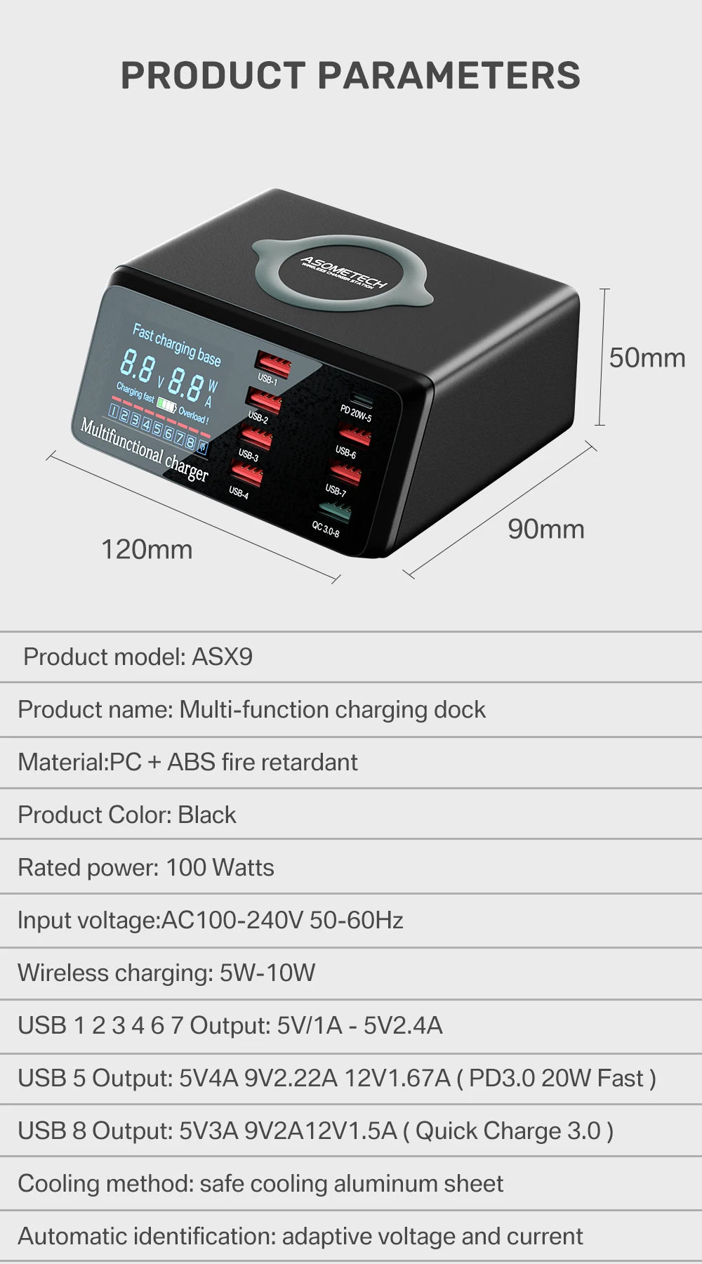 100W 8 Ports USB Charger Station With Wireless Charging Digital Display Screen QC3.0 PD3.0 Quick Charge For iPhone 14 13 Xiaomi