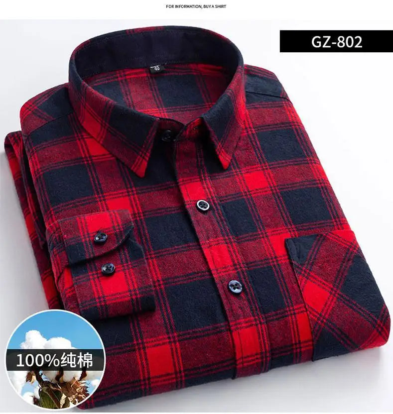 Long Sleeve Regular Fit Home New Spring Autumn 100% Cotton Plaid Mens Shirts Casual for Man Clothes Plus Size 802