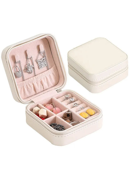 Solid Color Jewelry Organizer Leather Square Small Round Box Ring Earrings Portable Travel Jewelry Storage Bag White