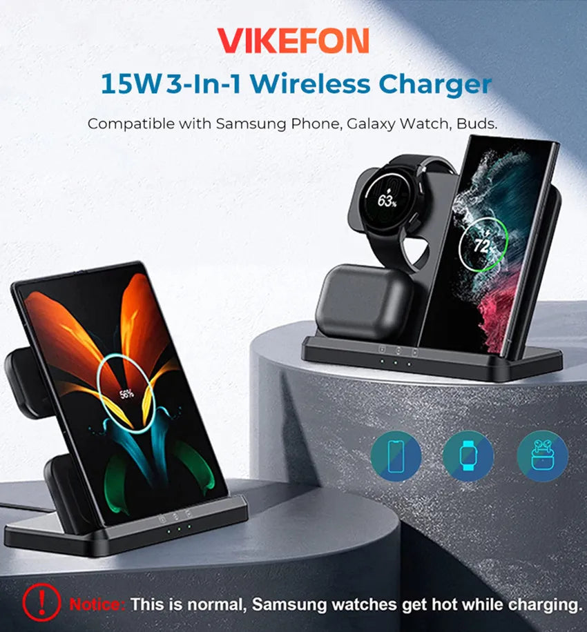 3 in 1 Wireless Charger Stand For Samsung S23 S22 S21 S20 Ultra Note Galaxy Watch 5 4 Active Buds 15W Fast Charging Dock Station