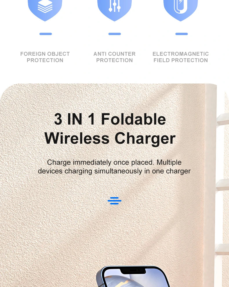 3 in 1 Wireless Charger Stand Foldable for iPhone 14 13 12 11 XS XR X 8 Apple Watch 8 7 6 Airpods Pro 15W Fast Charging Station