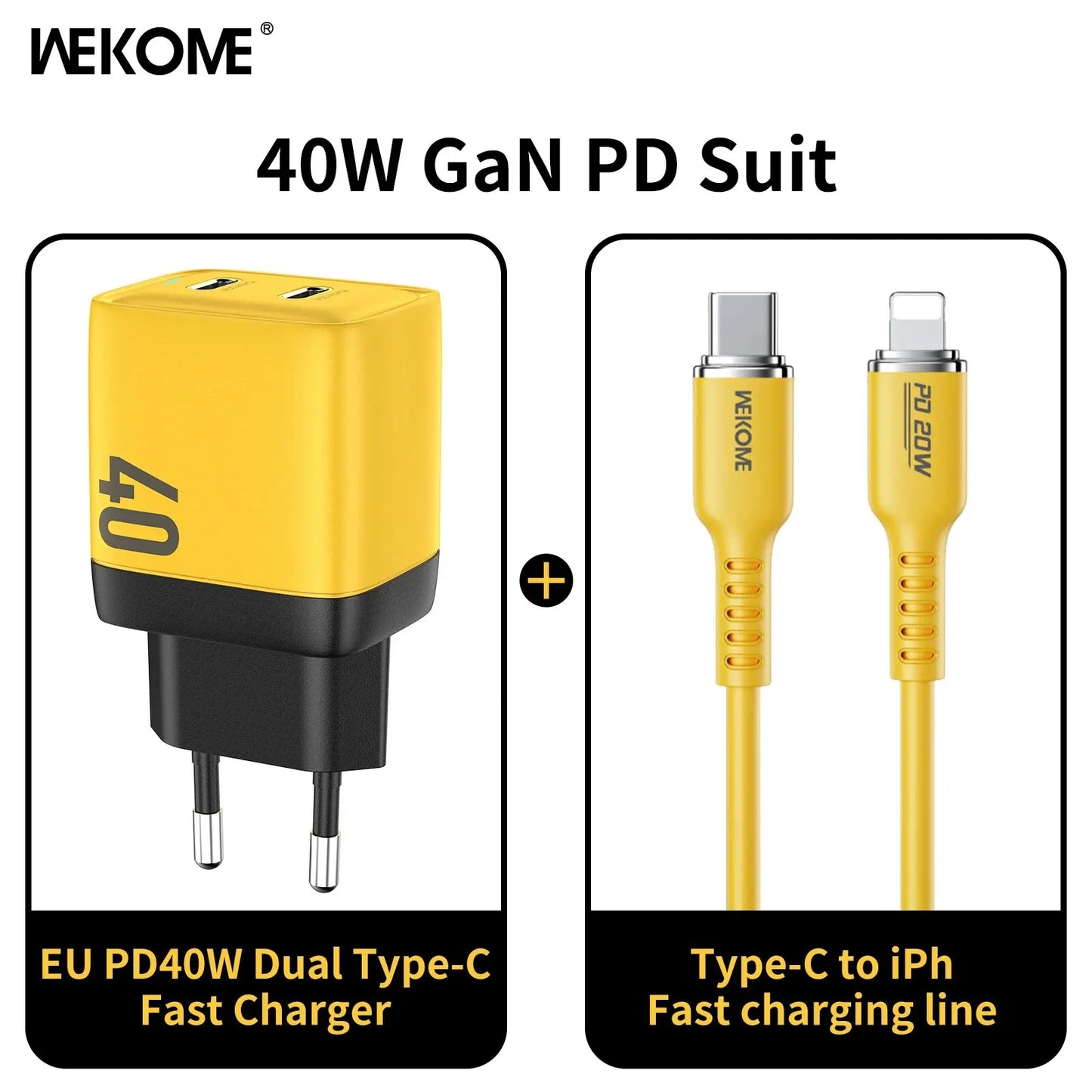 WEKOME GaN 40W/67W/100W Type C Charger Portable USB Charger Adapter QC4.0 PD PPS Fast Charging for iPhone Samsung Xiaomi Macbook EU charger PD Cable Yellow
