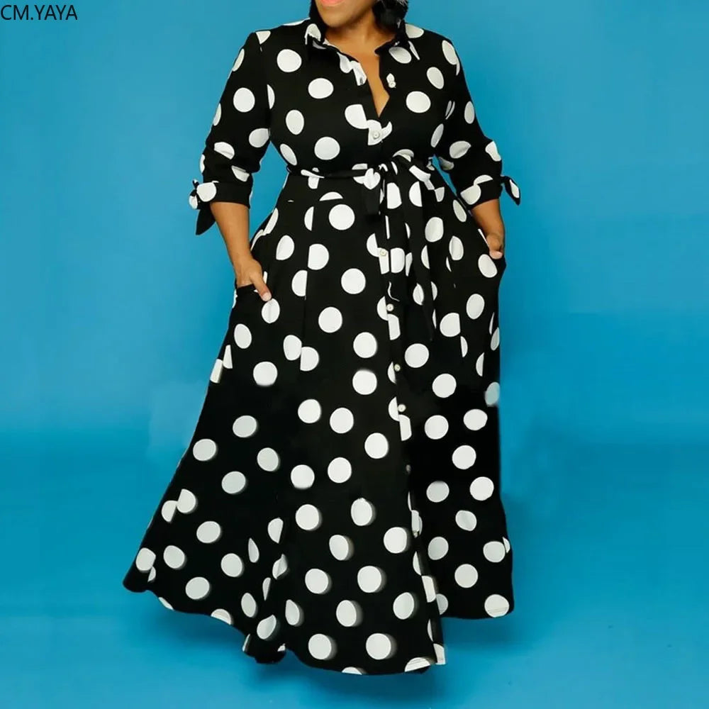 CM.YAYA Autumn Dot Print Button Up Plus Size XL-5XL Women Blousers Maxi Dress Vestidos Streetwear Long Dresses Vestidos