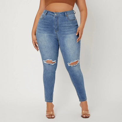 Plus Size Ripped Jeans for Women High Waist Stretchy Washing Hope Women Jeans Spring 2023 Denim Jeans for Ladies 6XL 80kgs Jeans Light Blue W2242