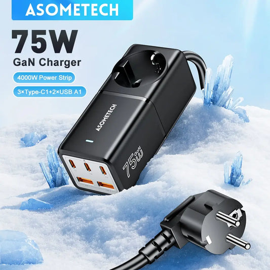 ASOMETECH 75W GaN Desktop Charger Power Strip Charging Station 4000W Rated Power 70W PD Quick Charger For iPhone Samsung Laptop