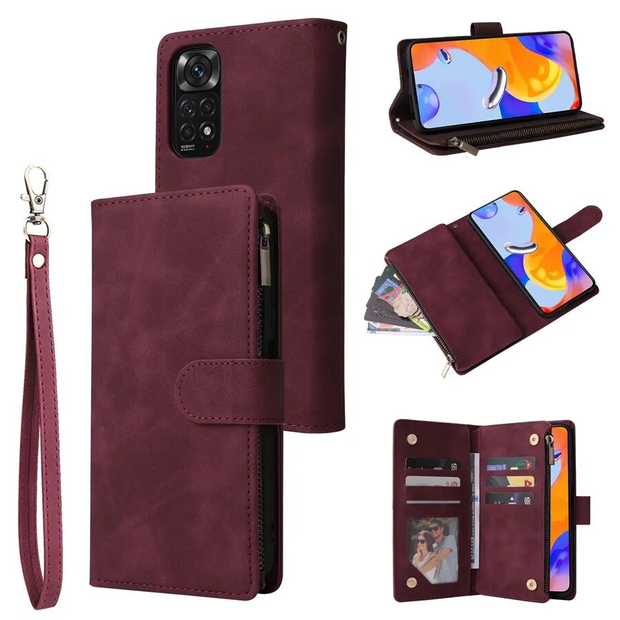 Wallet Multi-Card Zipper Flip Leather Case For Xiaomi Redmi 10C 9A 9C 9T 8 Note 12 Pro 11 Pro 10 Pro 9 Pro 8 7 Poco X5 Pro 12T Wine red
