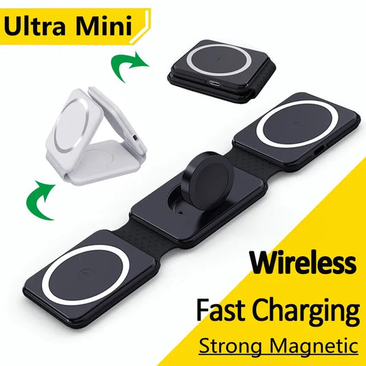 3 in 1 Magnetic Wireless Charger Pad Foldable Phone Chargers Stand For iPhone 14 13 12 Airpods IWatch 7 6 5 Xiaomi Fast Charging