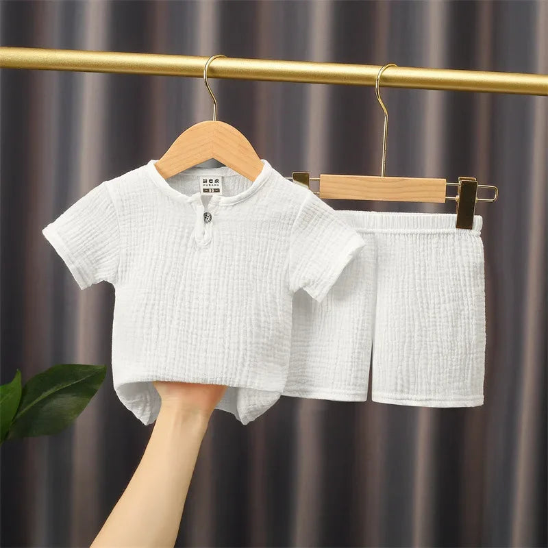 0-5Y Baby Summer Sets Solid Cotton Linen T-shirts+Elasctic Shorts Kids Clothes Casual Clothing Sets for Children Outfit Set White