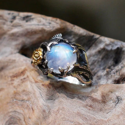 Vintage Moonstone Ring For Women Black Jewelry Gold Flower Finger Ring Female Charming Jewelry Wedding Statement Opal Ring