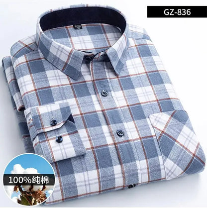 Long Sleeve Regular Fit Home New Spring Autumn 100% Cotton Plaid Mens Shirts Casual for Man Clothes Plus Size 836