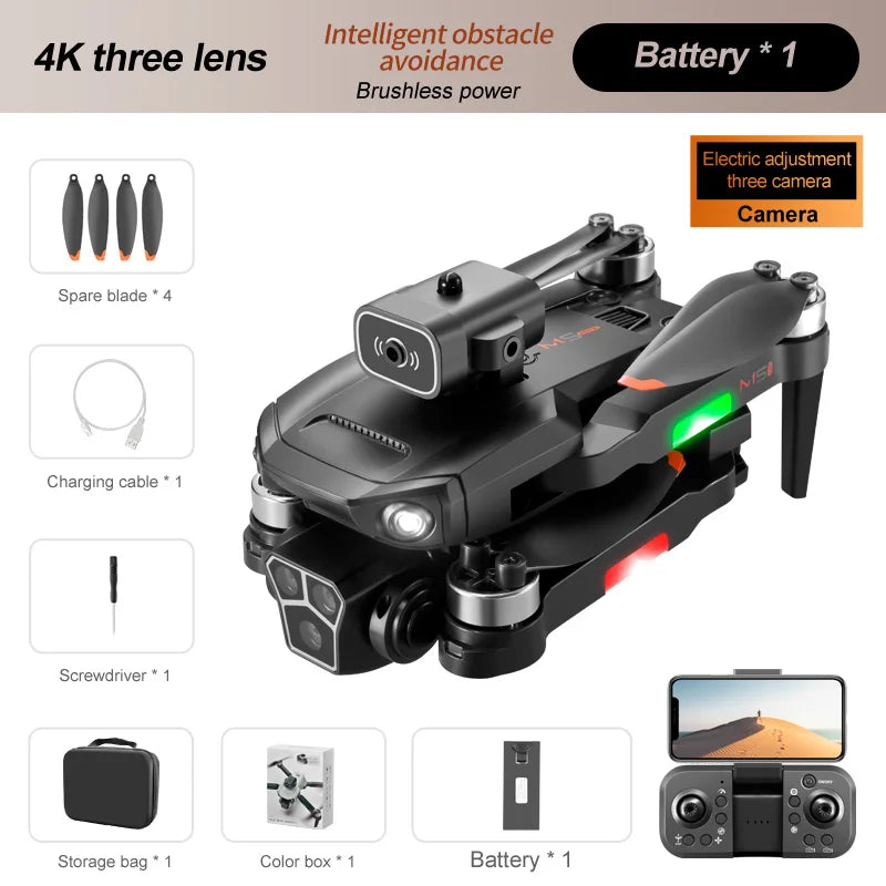 M1s Mini Drone 4k Profesional Three HD Camera Obstacle Avoidance Aerial Photography Brushless Motor Foldable Rc Quadcopter Toys Black 4K 1B CHINA