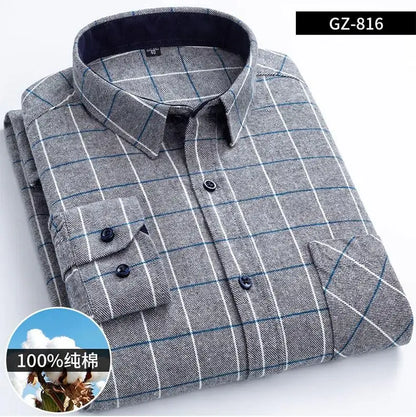 Long Sleeve Regular Fit Home New Spring Autumn 100% Cotton Plaid Mens Shirts Casual for Man Clothes Plus Size 816