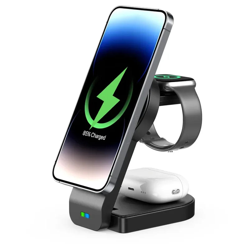 3 In 1 Magnetic Wireless Charger Stand Pad Foldable Fast Charging Station Dock For iPhone 15 14 13 12 Pro Max IWatch 8 7 Airpods Black
