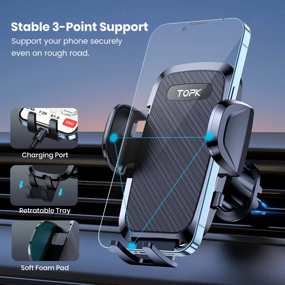 TOPK Car Phone Holder Mount 2-IN-1 Handsfree Stand Phone Holder for Dashboard & Air Vent Compatible with iPhone Samsung Android