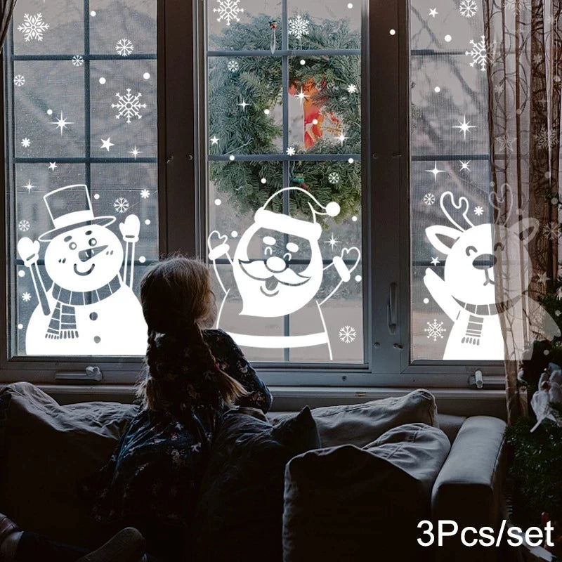 1Set Santa Claus Snowman Elk Window Stickers Snowflake Electrostatic Wall Sticker 2024 Christmas Decoration For Home New Year set1