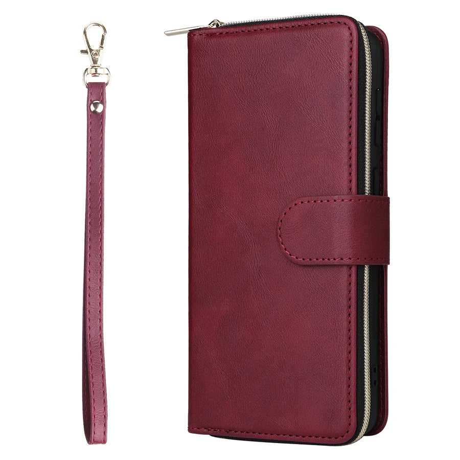 Wallet Luxury 9-Card Leather Case For Samsung Galaxy S23 Ultra S22 Ultra S21 Plus S20 FE S10 Lite S9 S8 Note 20 Ultra 10 Lite Red